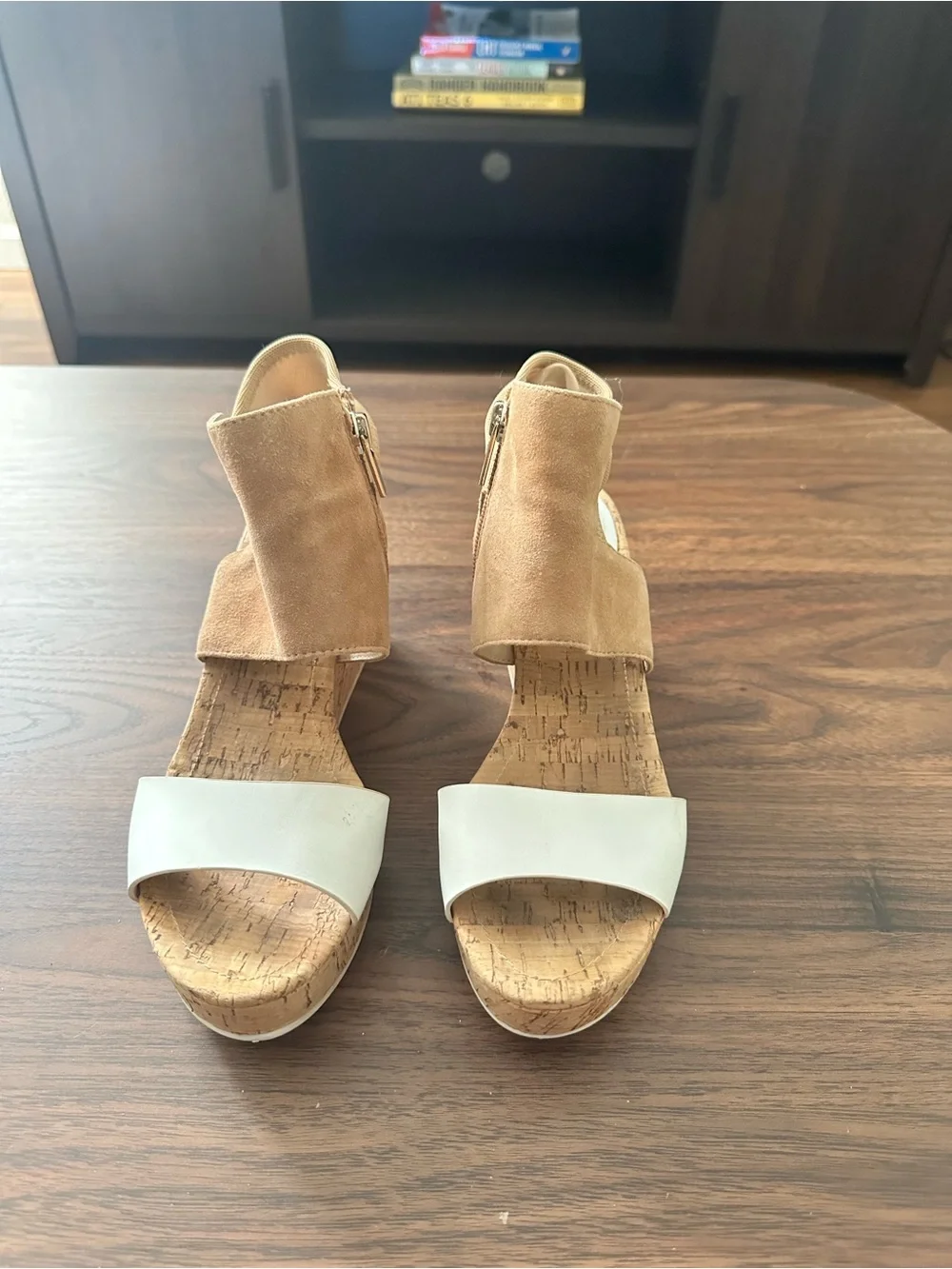Pelle Moda Tan Suede and White Cork Wedge Heels Size 7